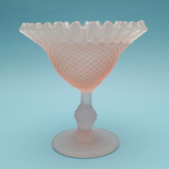 Frosted Pink Satin Vintage Candy Holder Compote - Crimped - Picture 2 of 4